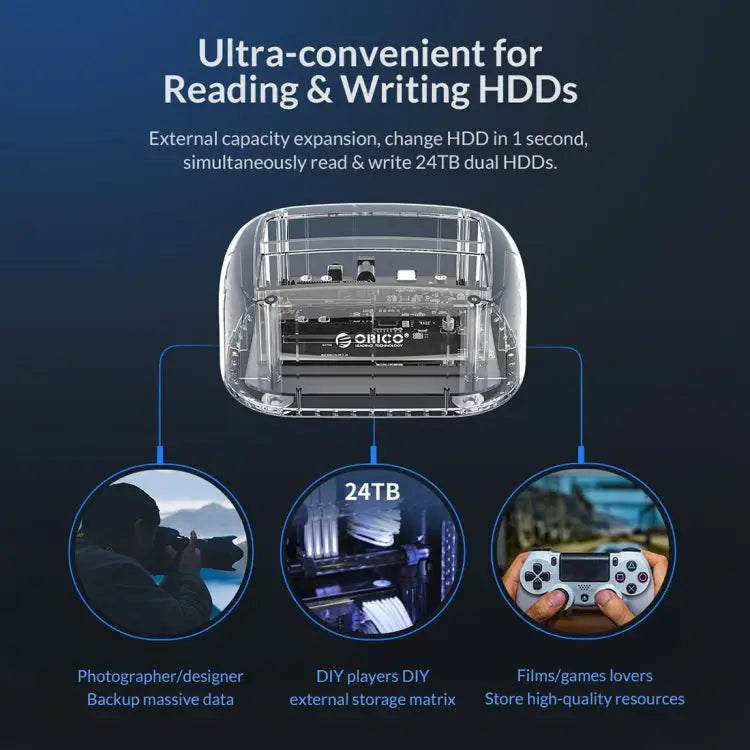 ORICO 6239C3 2.5/3.5inch 2 Bay Transparent Type-C Hard Drive Dock