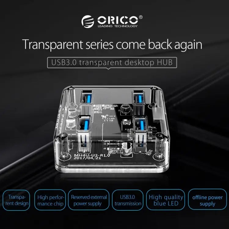 ORICO MH4U-100 USB 3.0 Transparent Desktop HUB with 100cm Micro USB Cable MH4U-100 - MH4U-100
