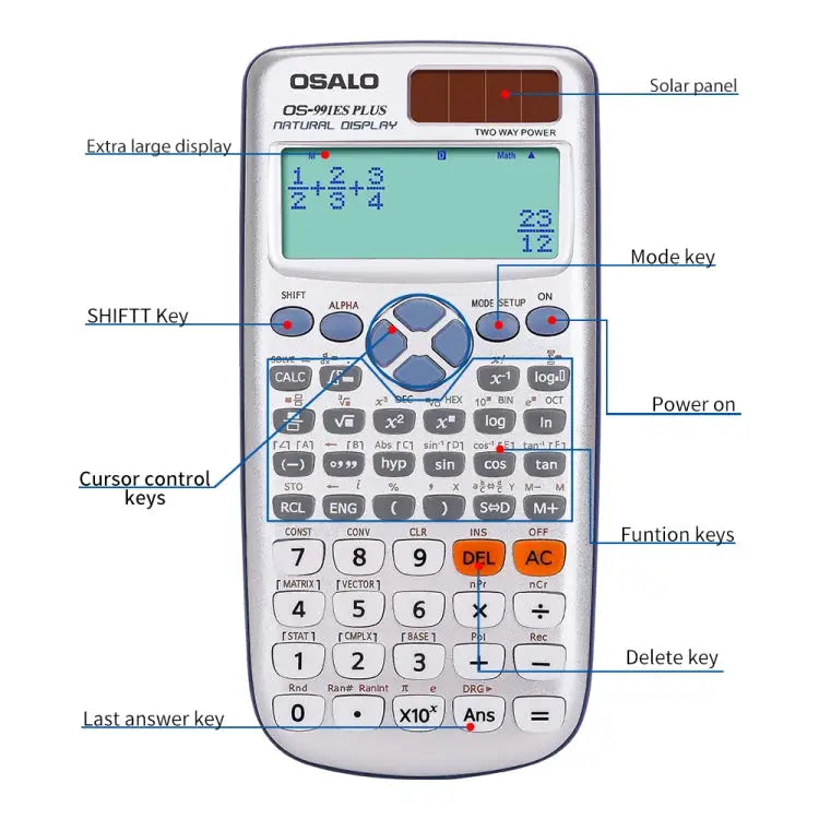 OSALO OS-991ES PLUS 10 + 2 Digits Multi-functional Student Function Scientific Calculator Solar Energy Dual Power