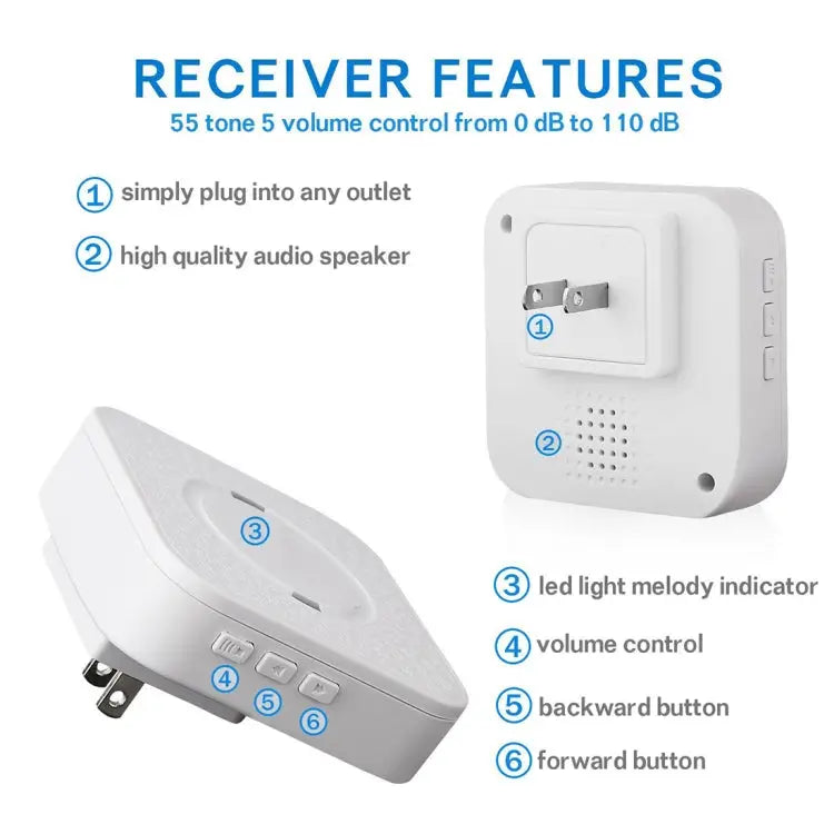 P6-B 110dB Wireless IP55 Waterproof Low Power Consumption WiFi Doorbell Receiver 53 Music Options Receiver Distance: