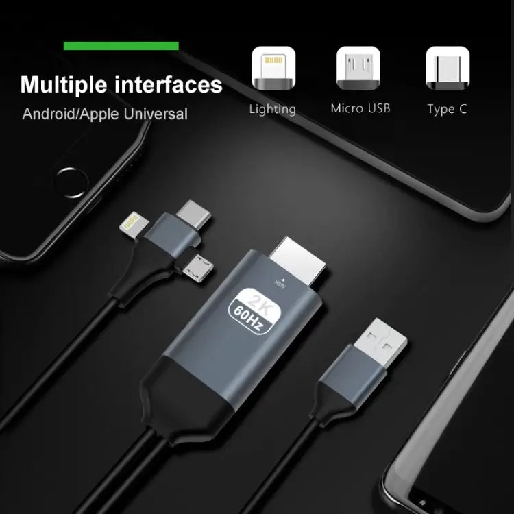 P8J Aluminum 3 in 1 8 Pin + Micro USB + USB-C / Type-C to HDTV Cable Cable Length: 2m 3 in 1 HDMI (Aluminum) - 3 in 1
