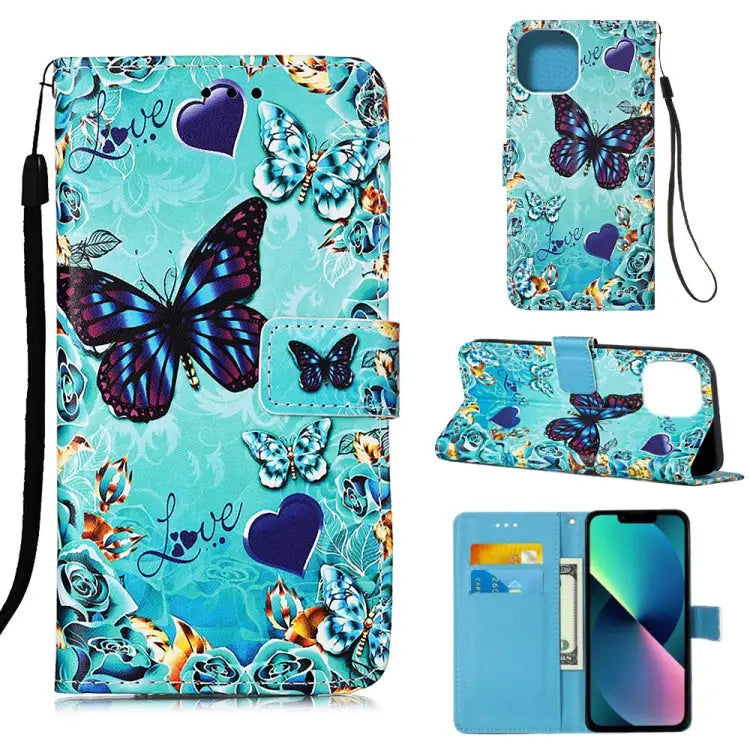 Painted Flat Texture Leather Case with Lanyard & Card Slot & Wallet & Holder For iPhone 14 For iPhone 14 Plus