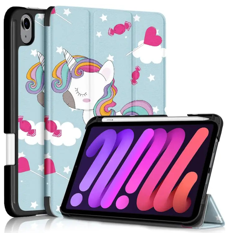 Painted Pattern TPU Horizontal Flip Leather Case with Three-folding Holder & Pen Slot & Sleep / Wake-up Function