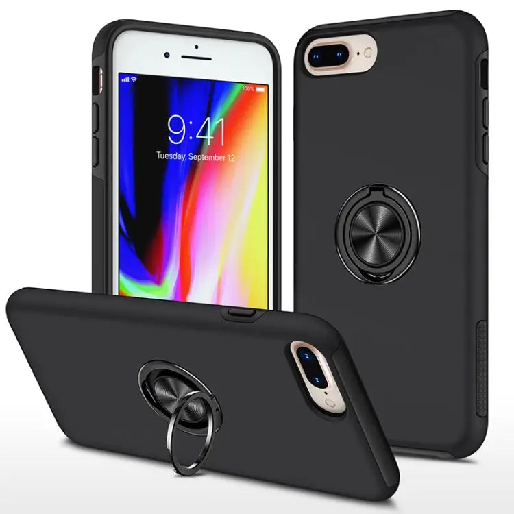 PC + TPU Shockproof Magnetic Protective Case with Invisible Ring Holder - For iPhone 8 Plus / 7 Plus / Black