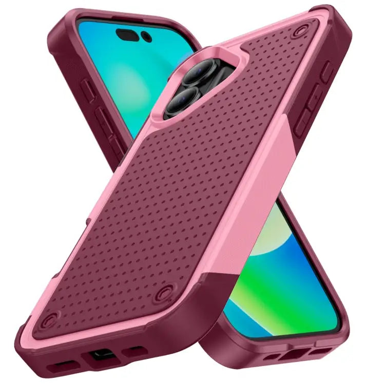 PC + TPU Shockproof Protective Phone Case For iPhone 16 - For iPhone 16 / Pink + Dark Red - Apple Accessories