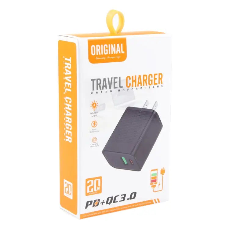PD 20W USB-C/Type-C + QC 3.0 USB Ports Plaid Pattern Travel Charger US Plug - US Plug (Black)