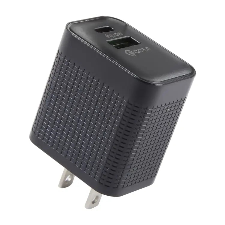 PD 20W USB-C/Type-C + QC 3.0 USB Ports Plaid Pattern Travel Charger US Plug - US Plug (Black)