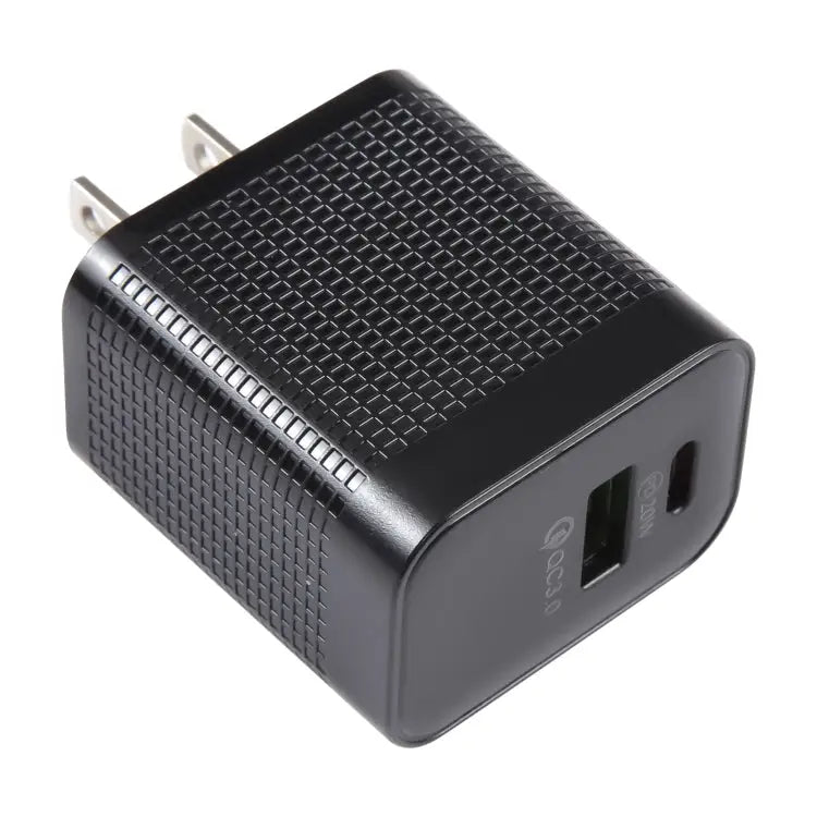 PD 20W USB-C/Type-C + QC 3.0 USB Ports Plaid Pattern Travel Charger US Plug - US Plug (Black)