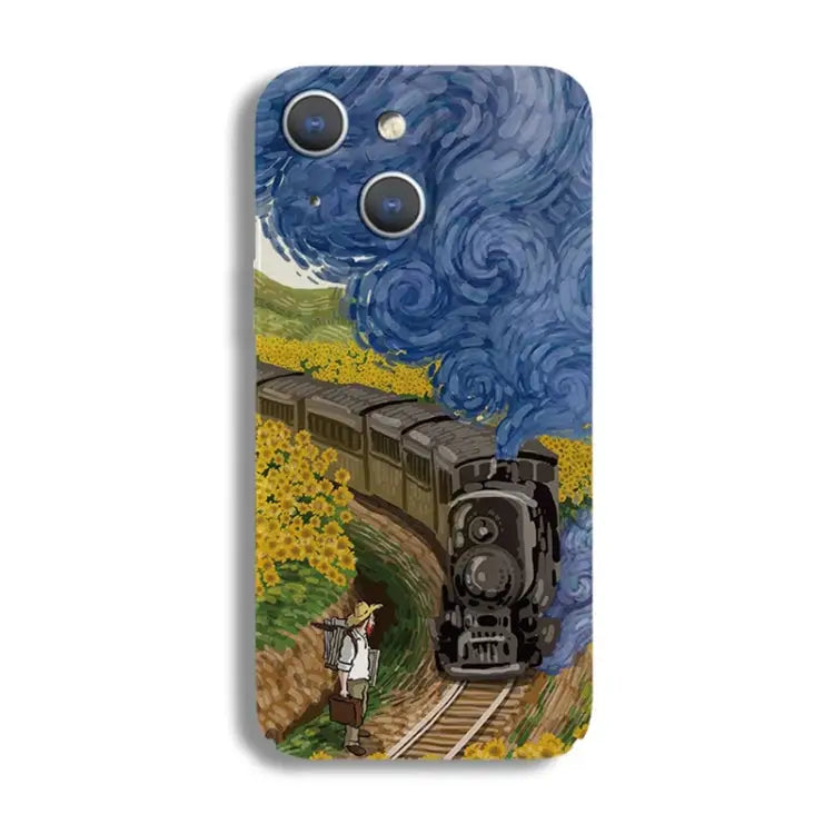Precise Hole Oil Painting Pattern PC Phone Case For iPhone 15 Plus For iPhone 15 - For iPhone 15 Plus / Train - Apple