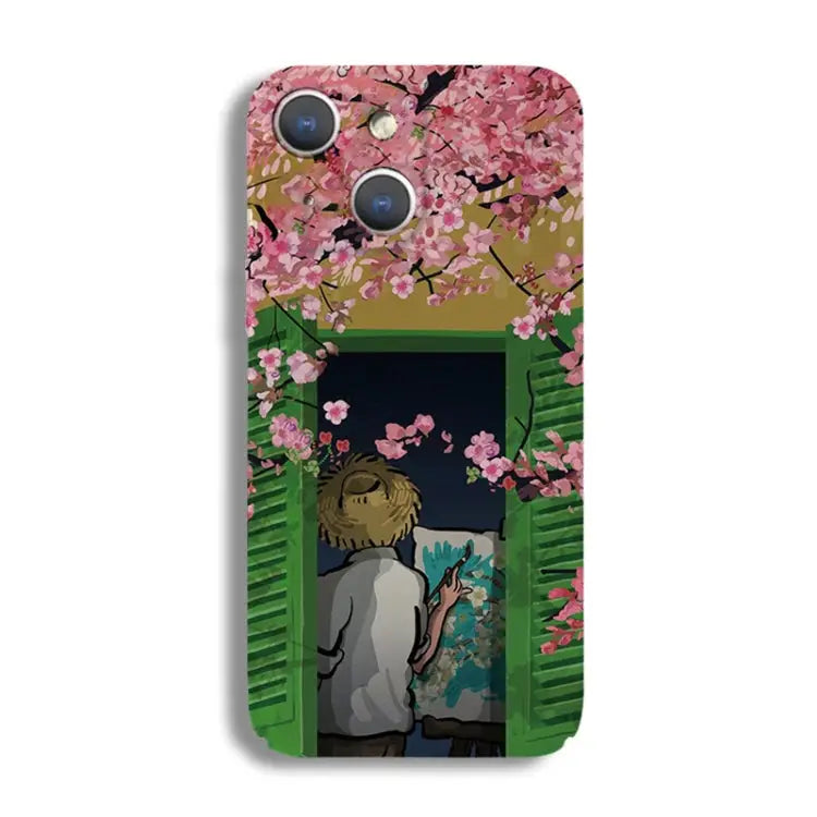 Precise Hole Oil Painting Pattern PC Phone Case For iPhone 15 Plus For iPhone 15 - For iPhone 15 Plus / Peach Blossom