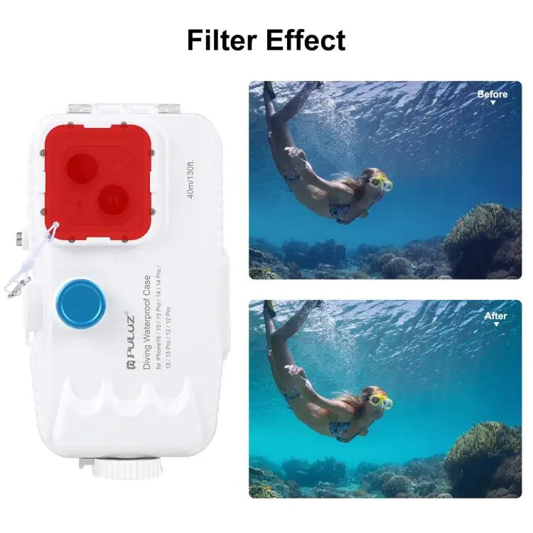 PULUZ 40m/130ft Waterproof Diving Case for iPhone 16 / 15 / 15 Pro / 14 / 14 Pro / 13 / 13 Pro / 12 / 12 Pro