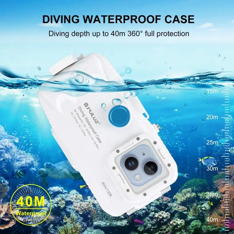PULUZ 40m/130ft Waterproof Diving Case for iPhone 16 / 15 / 15 Pro / 14 / 14 Pro / 13 / 13 Pro / 12 / 12 Pro