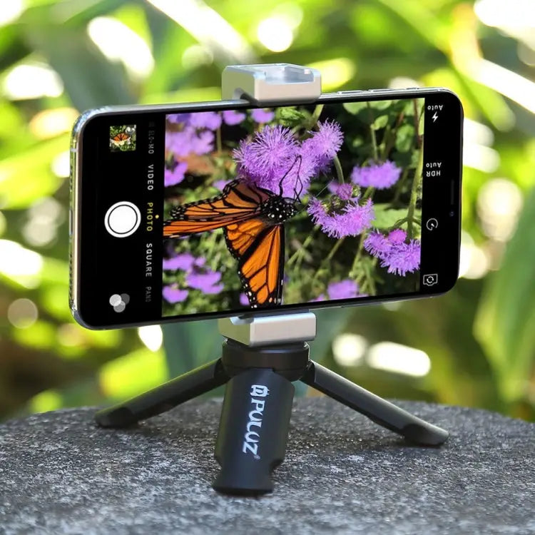 PULUZ Folding Plastic Tripod + Aluminum Alloy Clamp Bracket with Cold Shoe for iPhone Galaxy Huawei Xiaomi Sony HTC