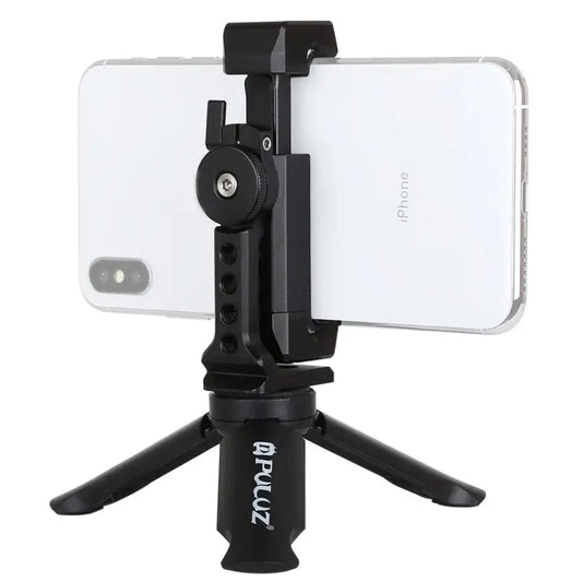 PULUZ Folding Plastic Tripod + Horizontal / Vertical Shooting Metal Clamp with Cold Shoe for iPhone Galaxy Huawei