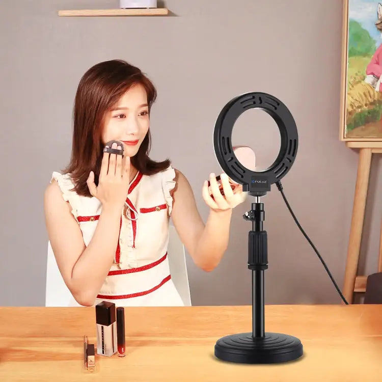 PULUZ Round Base Desktop Holder + 4.7 inch 12cm 3 Modes USB Dimmable LED Ring Vlogging Video Light Adjustable Height: