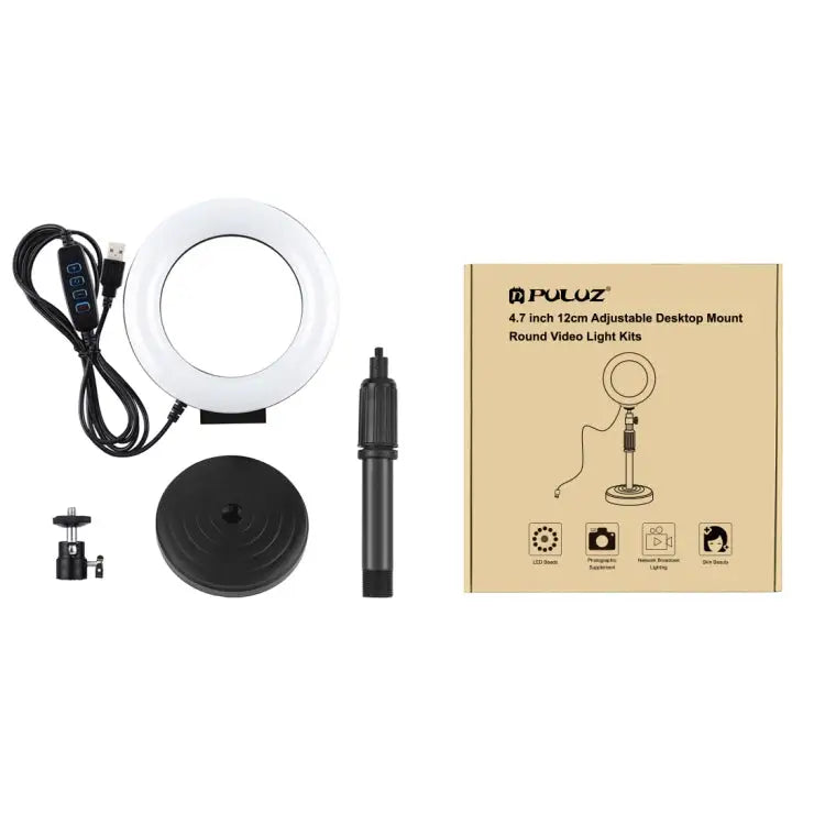 PULUZ Round Base Desktop Holder + 4.7 inch 12cm 3 Modes USB Dimmable LED Ring Vlogging Video Light Adjustable Height: