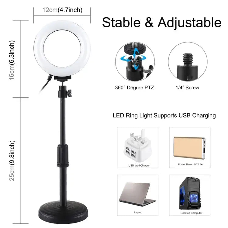PULUZ Round Base Desktop Holder + 4.7 inch 12cm 3 Modes USB Dimmable LED Ring Vlogging Video Light Adjustable Height: