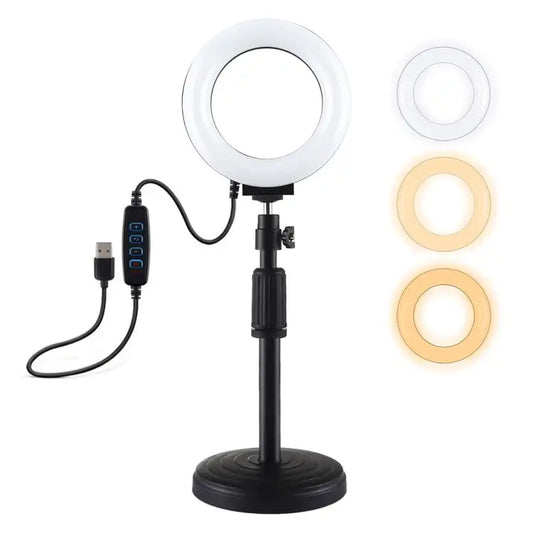 PULUZ Round Base Desktop Holder + 4.7 inch 12cm 3 Modes USB Dimmable LED Ring Vlogging Video Light Adjustable Height: