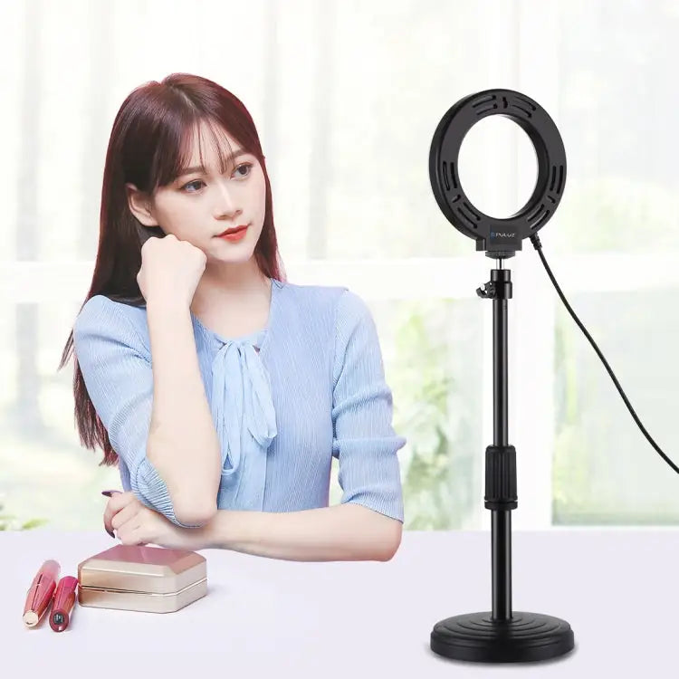 PULUZ Round Base Desktop Holder + 4.7 inch 12cm 3 Modes USB Dimmable LED Ring Vlogging Video Light Adjustable Height: