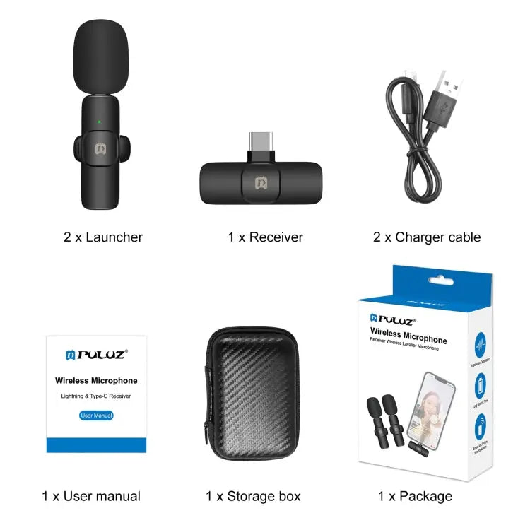 PULUZ Wireless Lavalier Noise Reduction Reverb Microphones for Type-C Phone Type-C Receiver and Dual Microphones