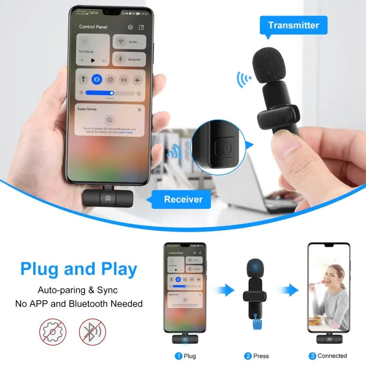 PULUZ Wireless Lavalier Noise Reduction Reverb Microphones for Type-C Phone Type-C Receiver and Dual Microphones