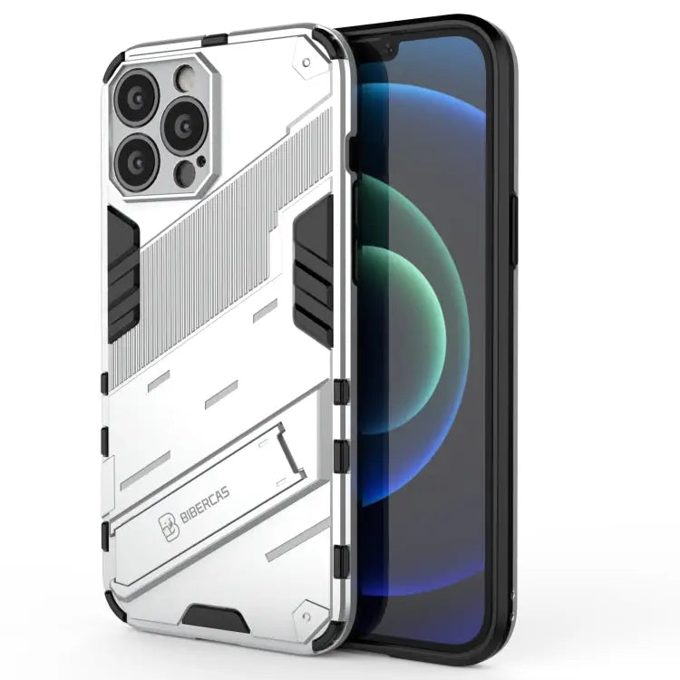Punk Armor 2 in 1 PC + TPU Phone Case with Invisible Holder For iPhone 13 Pro Max - For iPhone 13 Pro Max / White
