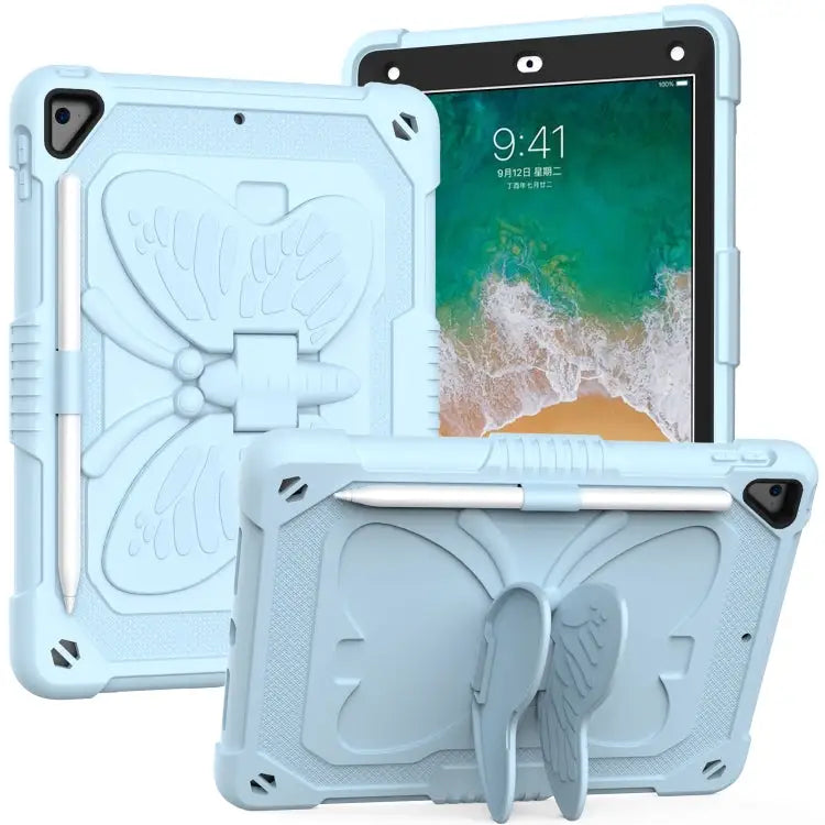 Pure Color PC + Silicone Anti-drop Protective Case with Butterfly Shape Holder & Pen Slot For iPad 9.7 2018 & 2017