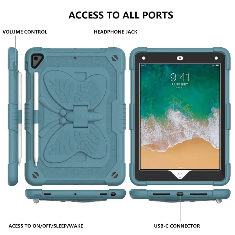 Pure Color PC + Silicone Anti-drop Protective Case with Butterfly Shape Holder & Pen Slot For iPad 9.7 2018 & 2017