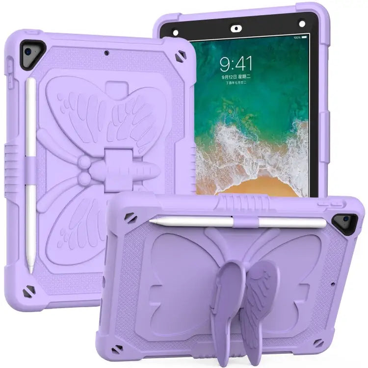 Pure Color PC + Silicone Anti-drop Protective Case with Butterfly Shape Holder & Pen Slot For iPad 9.7 2018 & 2017
