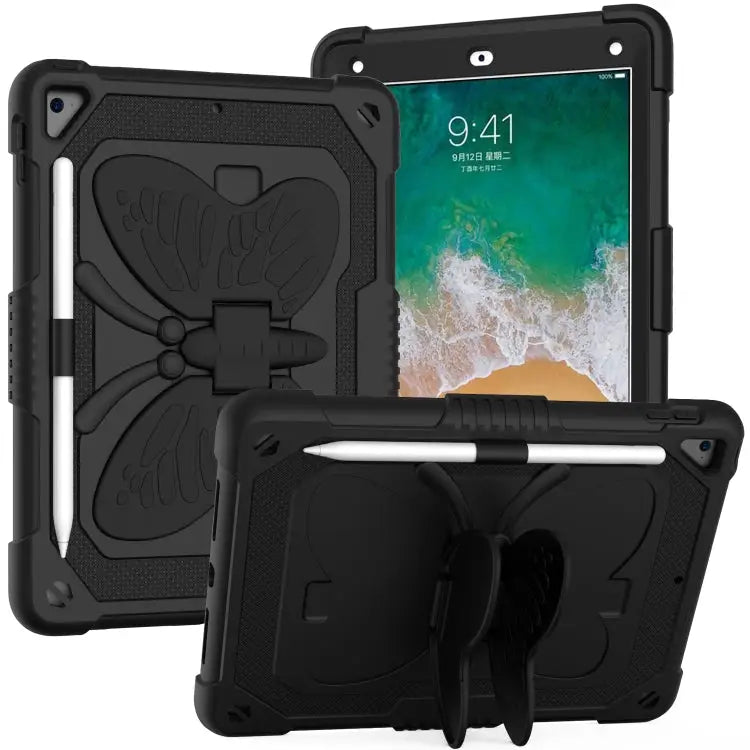 Pure Color PC + Silicone Anti-drop Protective Case with Butterfly Shape Holder & Pen Slot For iPad 9.7 2018 & 2017