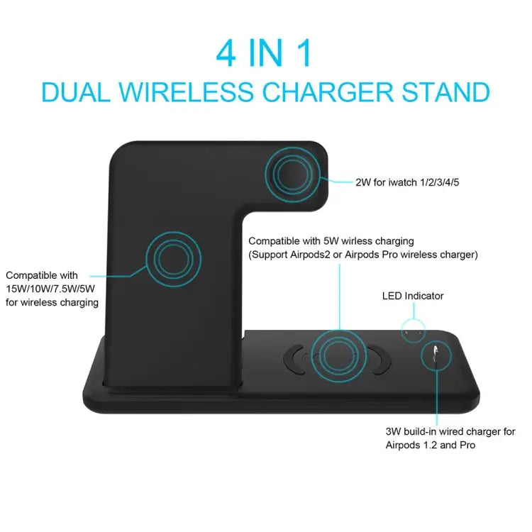 Q20 4 In 1 Wireless Charger Charging Holder Stand Station with Adapter For iPhone / Apple Watch / AirPods Support Dual