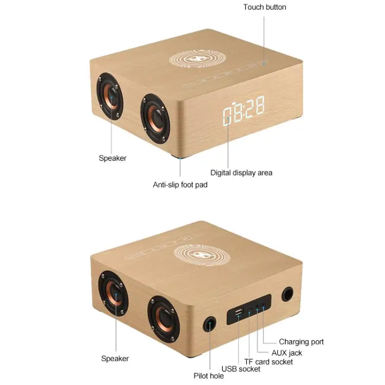Q5A Multifunctional Wooden Touch Clock Display Wireless Charging Bluetooth Speaker Support TF Card & U Disk & 3.5mm AUX