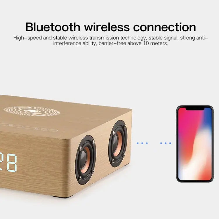 Q5A Multifunctional Wooden Touch Clock Display Wireless Charging Bluetooth Speaker Support TF Card & U Disk & 3.5mm AUX