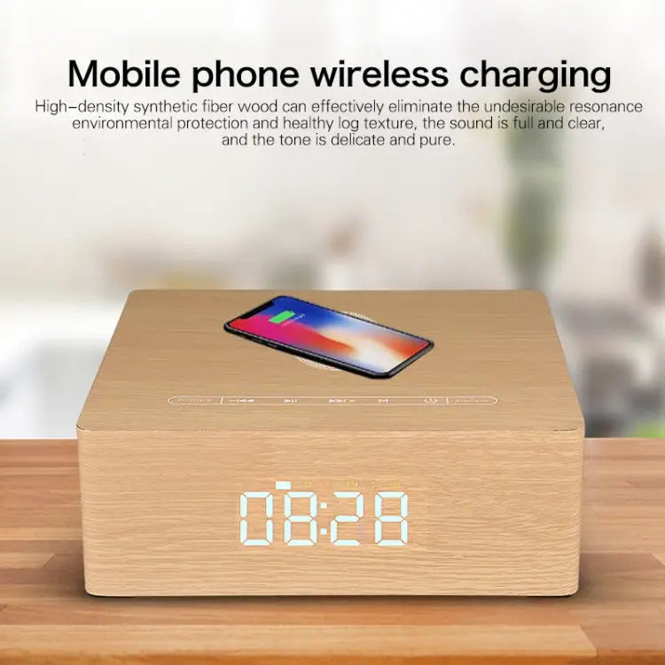 Q5A Multifunctional Wooden Touch Clock Display Wireless Charging Bluetooth Speaker Support TF Card & U Disk & 3.5mm AUX