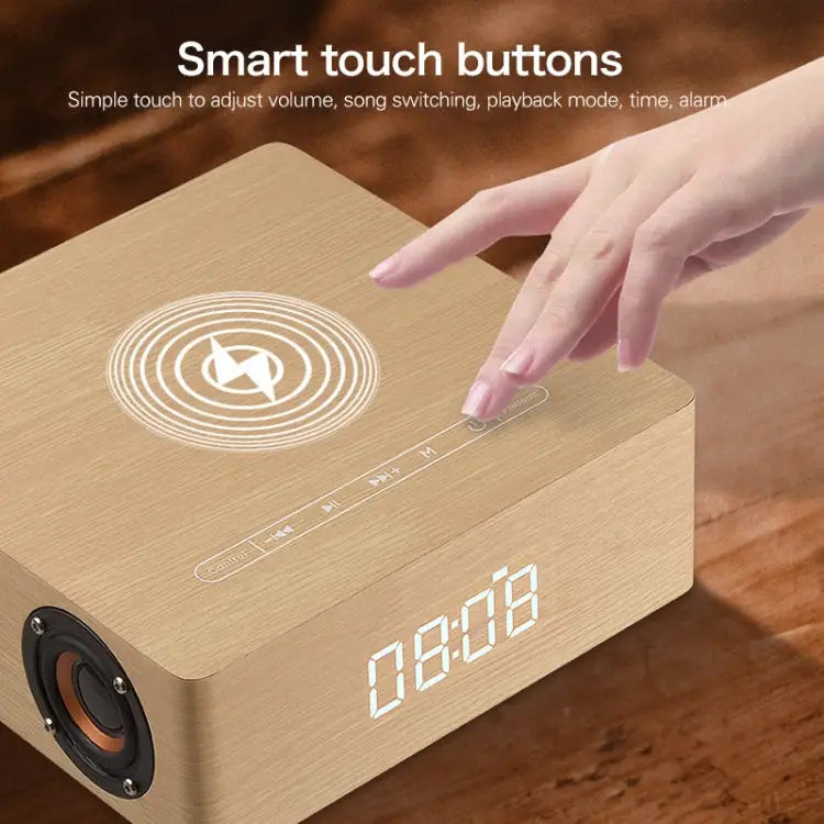 Q5A Multifunctional Wooden Touch Clock Display Wireless Charging Bluetooth Speaker Support TF Card & U Disk & 3.5mm AUX