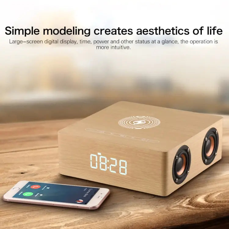 Q5A Multifunctional Wooden Touch Clock Display Wireless Charging Bluetooth Speaker Support TF Card & U Disk & 3.5mm AUX