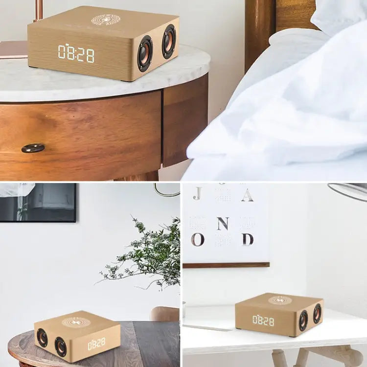 Q5A Multifunctional Wooden Touch Clock Display Wireless Charging Bluetooth Speaker Support TF Card & U Disk & 3.5mm AUX