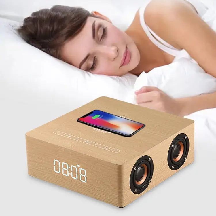 Q5A Multifunctional Wooden Touch Clock Display Wireless Charging Bluetooth Speaker Support TF Card & U Disk & 3.5mm AUX