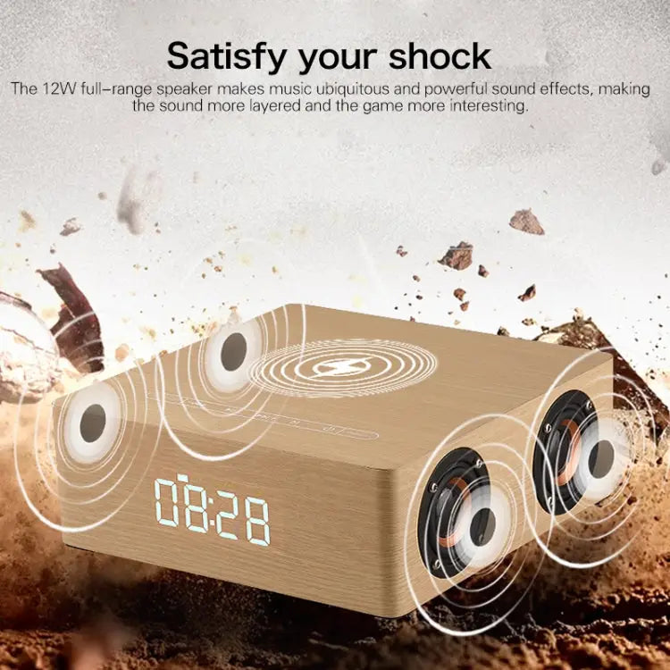Q5A Multifunctional Wooden Touch Clock Display Wireless Charging Bluetooth Speaker Support TF Card & U Disk & 3.5mm AUX