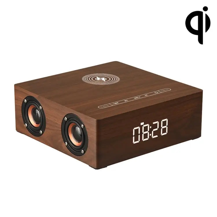 Q5A Multifunctional Wooden Touch Clock Display Wireless Charging Bluetooth Speaker Support TF Card & U Disk & 3.5mm AUX