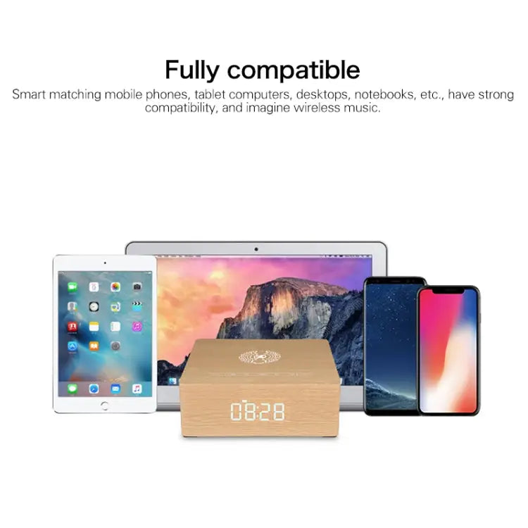Q5A Multifunctional Wooden Touch Clock Display Wireless Charging Bluetooth Speaker Support TF Card & U Disk & 3.5mm AUX