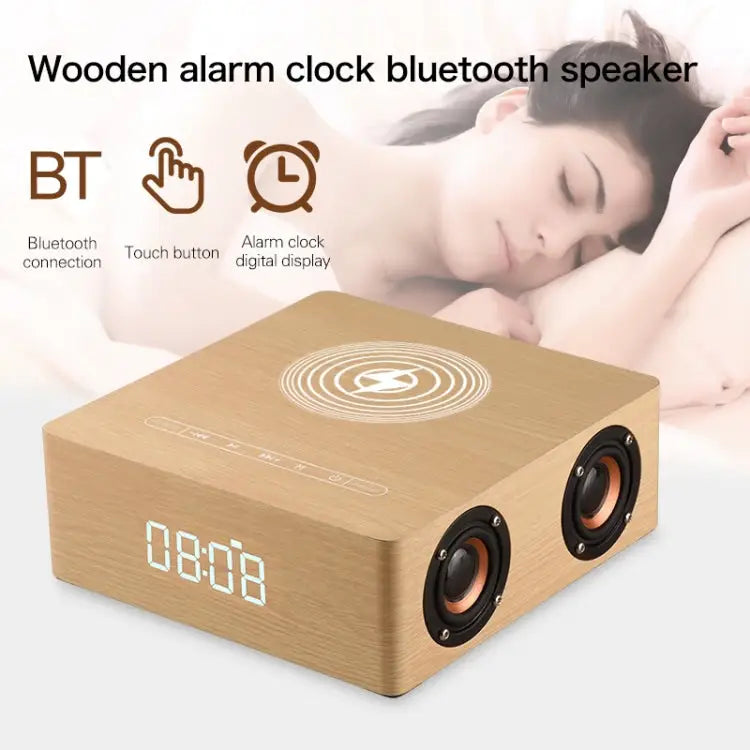Q5A Multifunctional Wooden Touch Clock Display Wireless Charging Bluetooth Speaker Support TF Card & U Disk & 3.5mm AUX