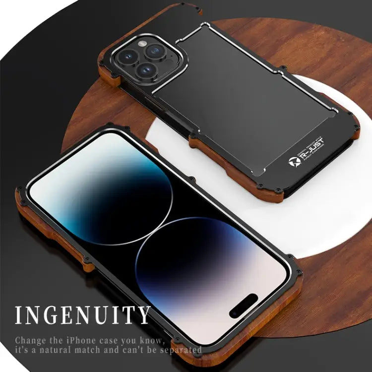 R-JUST Ironwood Generation Metal + Wood Phone Case For iPhone 14 For iPhone 14 Plus For iPhone 14 Pro For iPhone 14 Pro