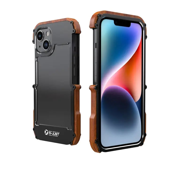 R-JUST Ironwood Generation Metal + Wood Phone Case For iPhone 14 For iPhone 14 Plus For iPhone 14 Pro For iPhone 14 Pro
