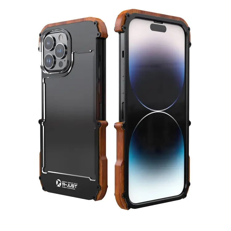 R-JUST Ironwood Generation Metal + Wood Phone Case For iPhone 14 For iPhone 14 Plus For iPhone 14 Pro For iPhone 14 Pro
