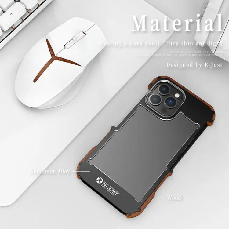 R-JUST Ironwood Generation Metal + Wood Phone Case For iPhone 14 For iPhone 14 Plus For iPhone 14 Pro For iPhone 14 Pro