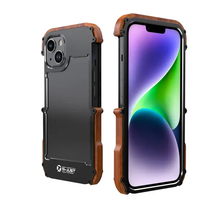 R-JUST Ironwood Generation Metal + Wood Phone Case For iPhone 14 For iPhone 14 Plus For iPhone 14 Pro For iPhone 14 Pro