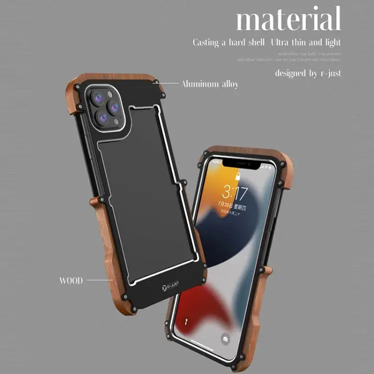 R-JUST Ironwood Man Shockproof Metal + Wood Bumper Protective Case For iPhone 13 mini For iPhone 13 For iPhone 13 Pro