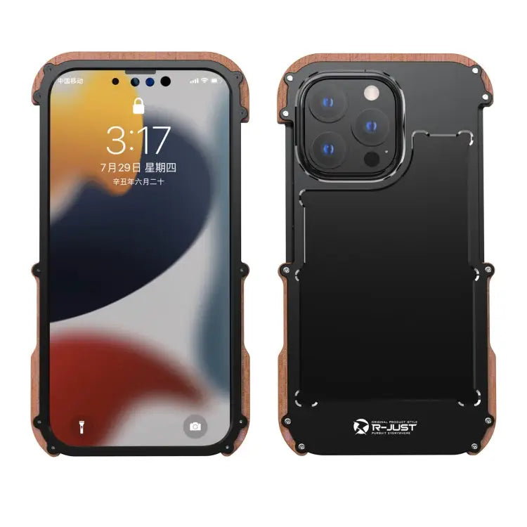 R-JUST Ironwood Man Shockproof Metal + Wood Bumper Protective Case For iPhone 13 mini For iPhone 13 For iPhone 13 Pro