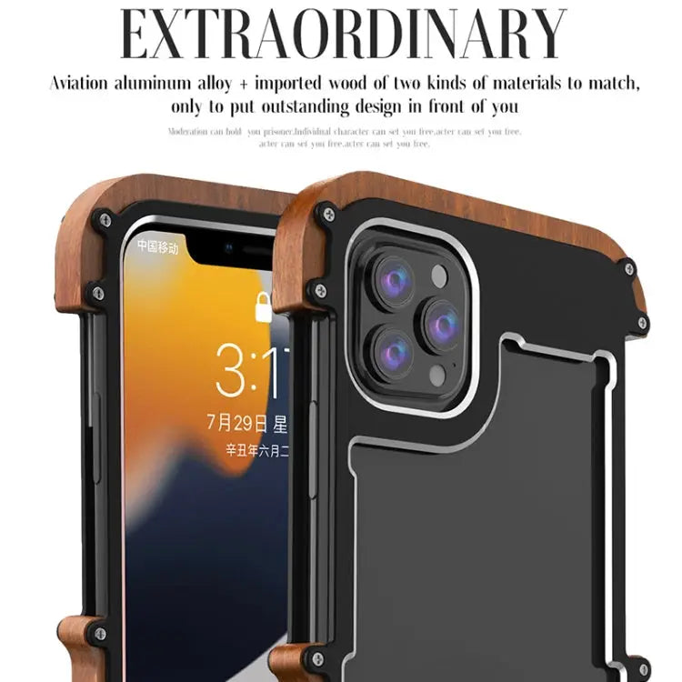 R-JUST Ironwood Man Shockproof Metal + Wood Bumper Protective Case For iPhone 13 mini For iPhone 13 For iPhone 13 Pro